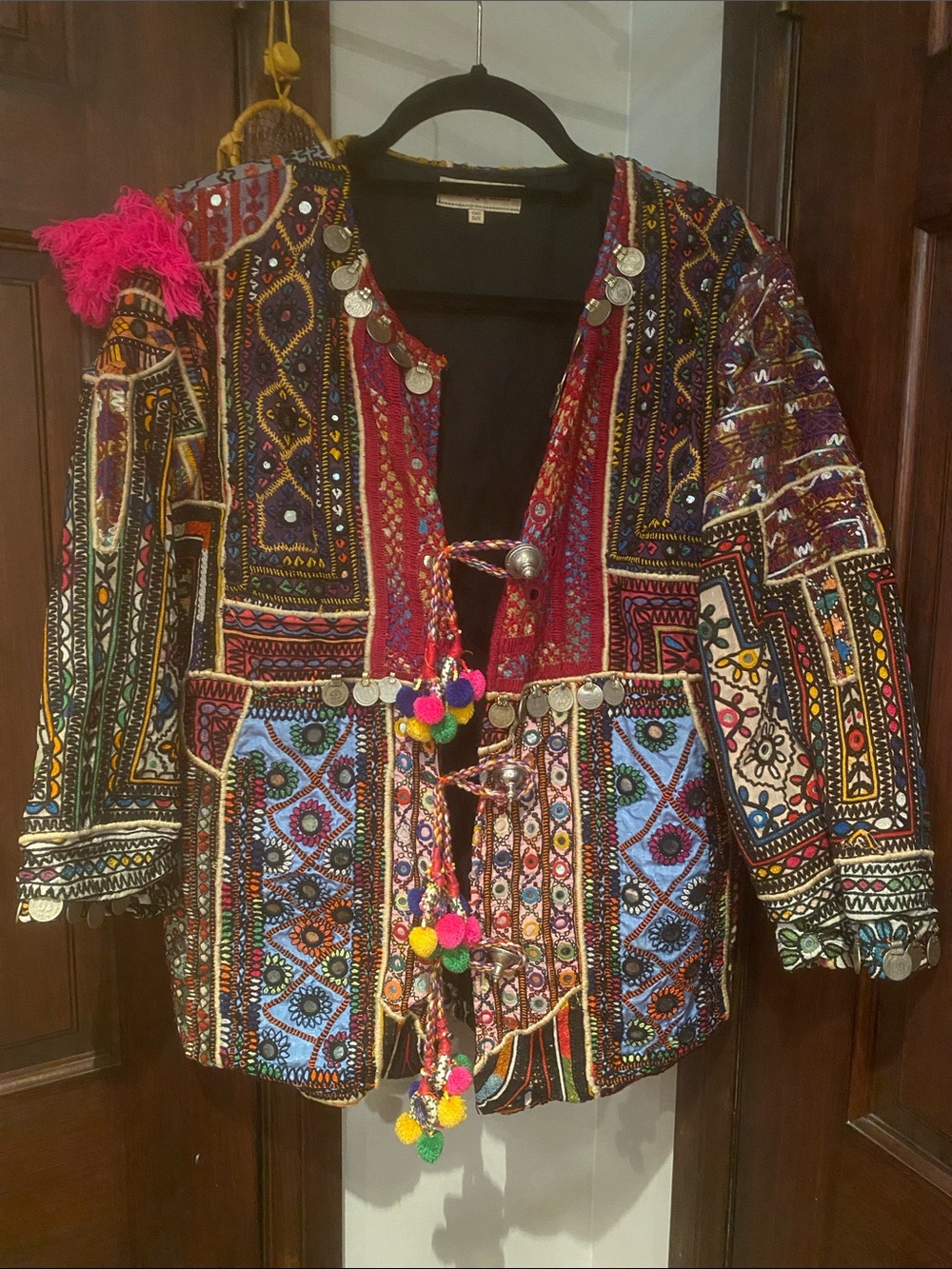 Bohemian Embroidered Multi-Color Jacket with Pom-Pom Accents